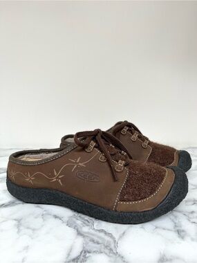 Keen Cheyenne brown leather wool felt embroidered slip-on shoes mule’s 7